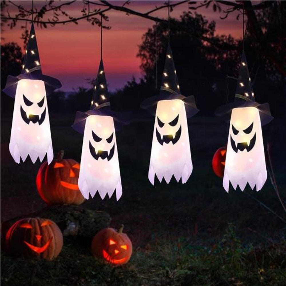 4Pcs, Halloween Decorations Indoor-Outdoor String Lights Glowing Ghost Witch Hat